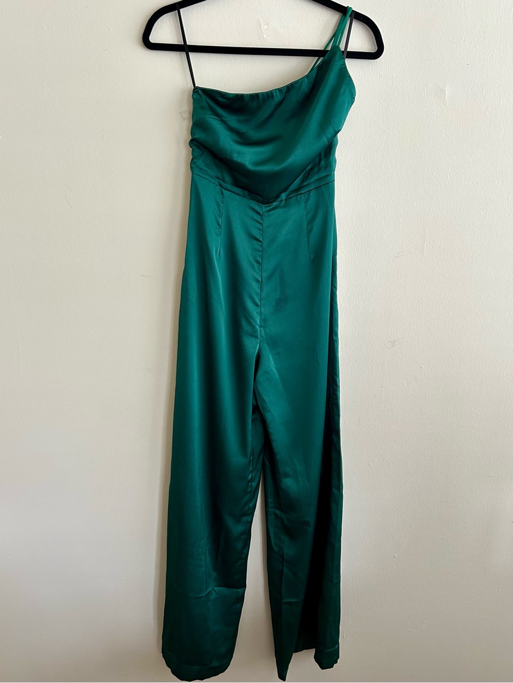 Hello Molly Emerald Green Satin One-Shoulder Jumpsuit with Wide Legs